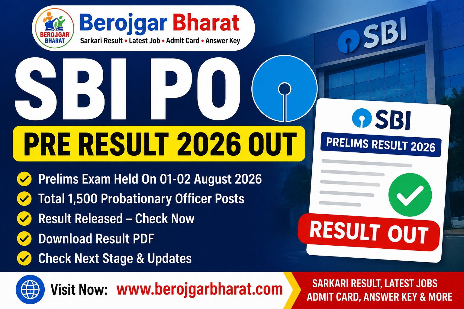 SBI PO Prelims Result 2026 Out – 1500 Probationary Officer Posts