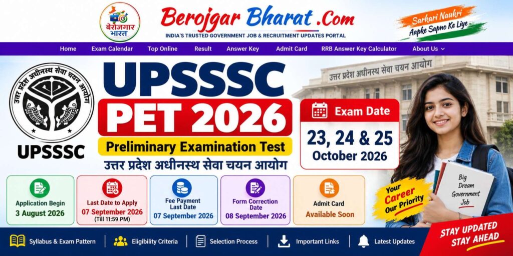 UPSSSC PET 2026 exam date and important dates featuring UPSSSC logo and Berojgar Bharat