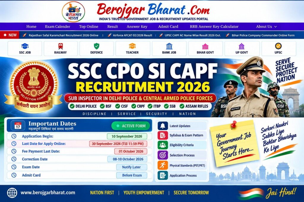 SSC CPO SI CAPF Recruitment 2026 feature image with Berojgar Bharat branding, SSC logo, police officers, important dates and recruitment details