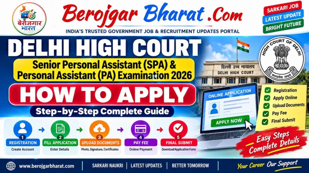 Delhi High Court Senior Personal Assistant SPA and Personal Assistant PA Examination 2026 How to Apply online application guide by Berojgar Bharat