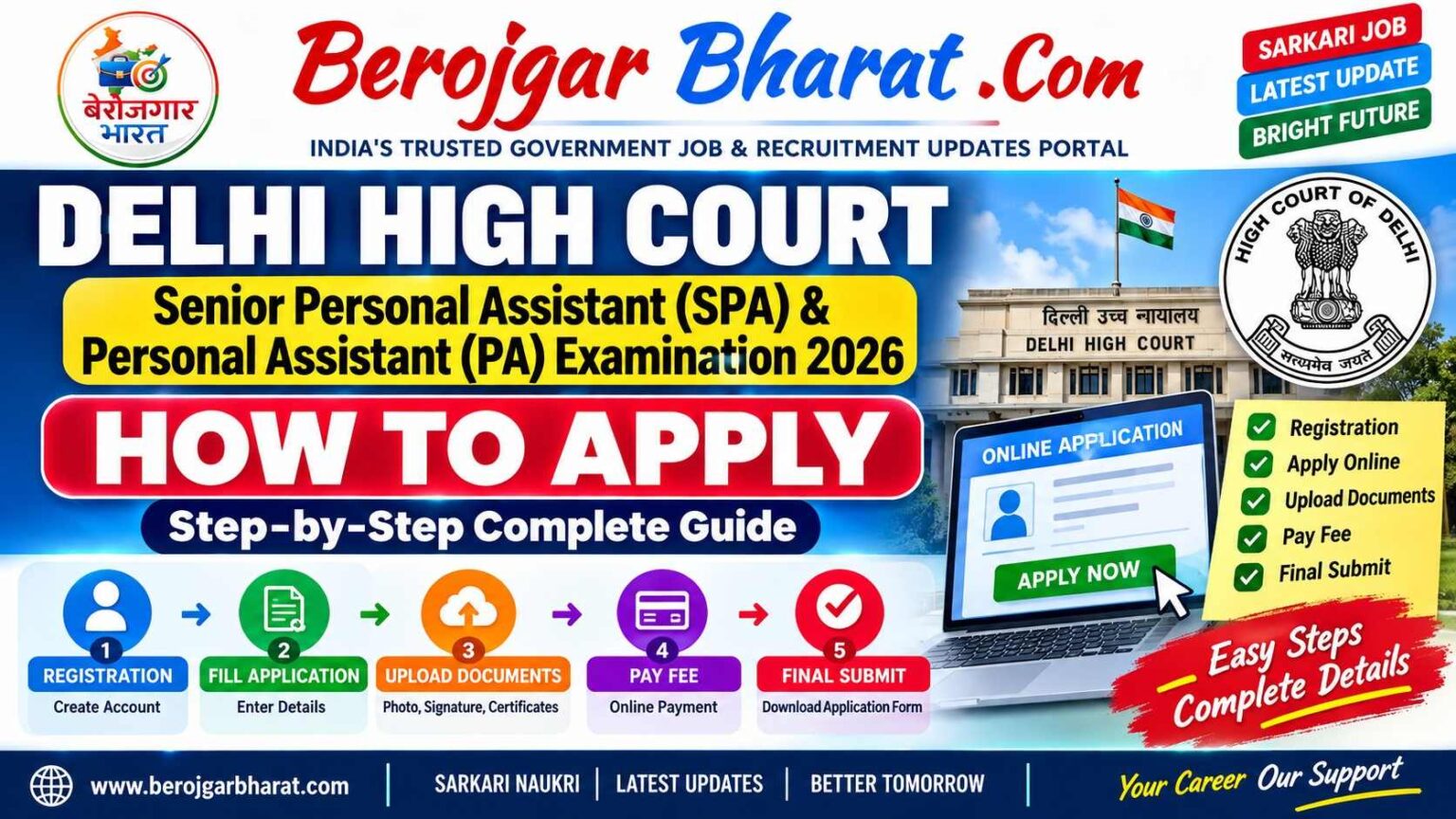 Delhi High Court Senior Personal Assistant SPA and Personal Assistant PA Examination 2026 How to Apply online application guide by Berojgar Bharat